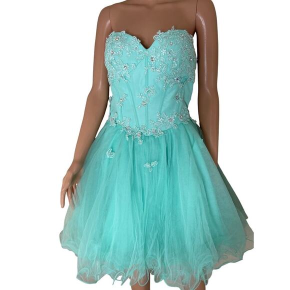 NARIANNA Tulle Prom Dress sea foam Green Lace up back Short strapless SZ SM - Picture 2 of 10